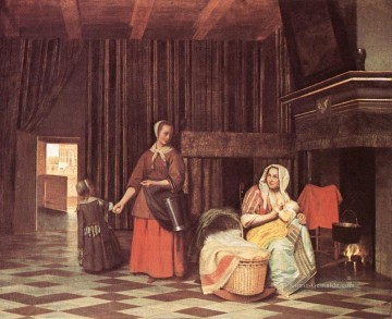 Suckling Mutter und Maid genre Pieter de Hooch Ölgemälde
